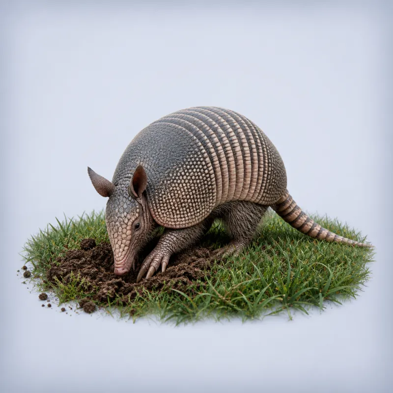 Armadillo digging in a suburban lawn at dusk
