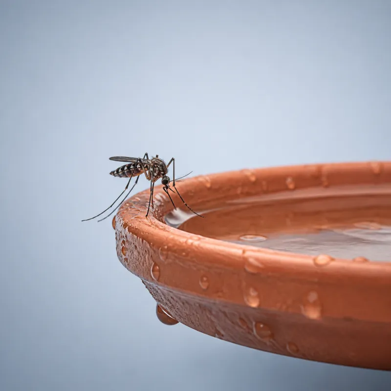 Mosquito on standing water in a saucer under a flower pot