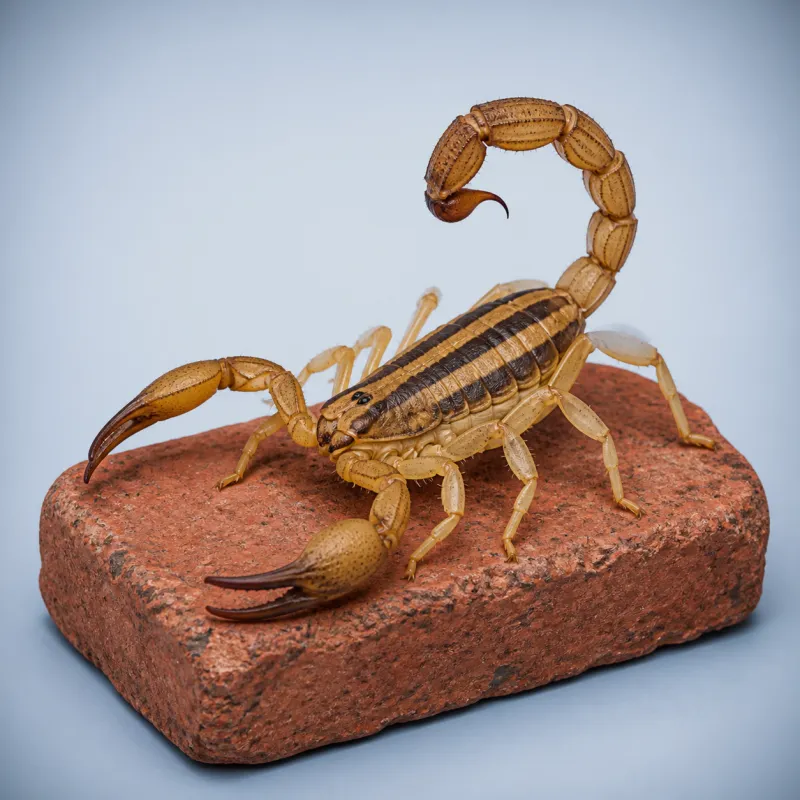 Striped bark scorpion on a concrete garage floor