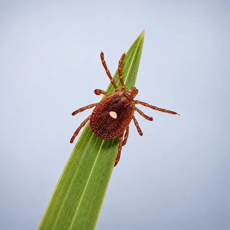 Lone star tick on a blade of grass at a yard edge