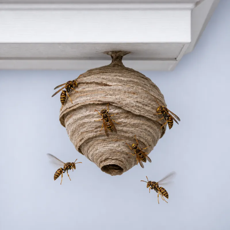 Paper wasp nest under a house eave