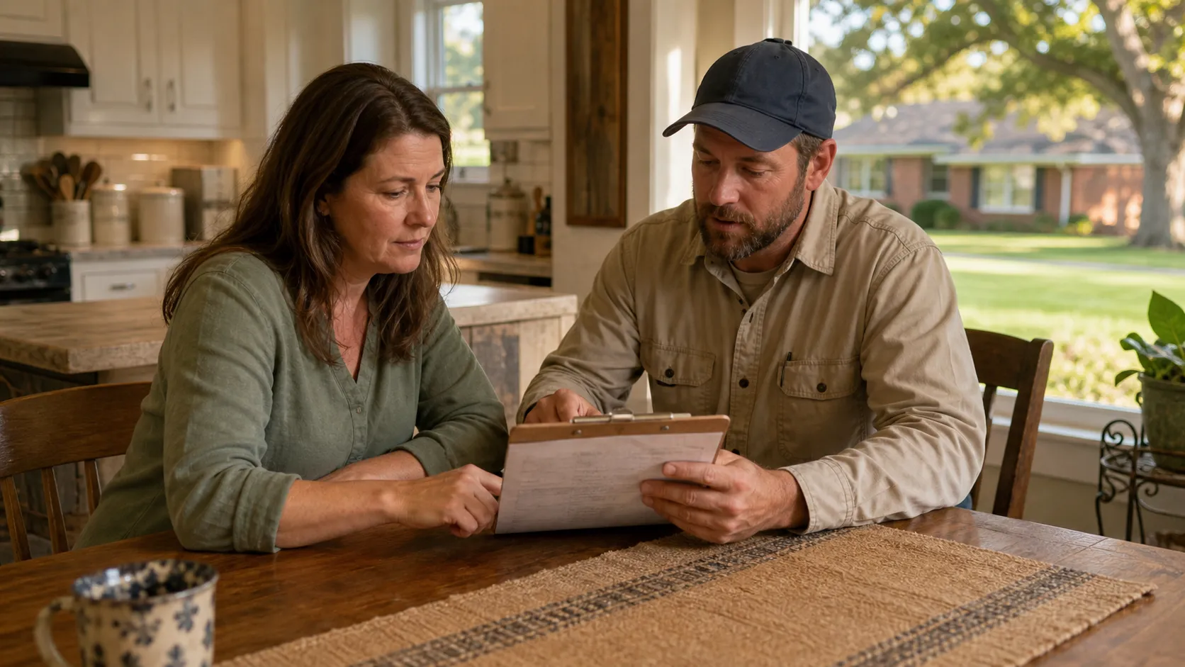 Homeowner reading a pest control estimate at a kitchen table
