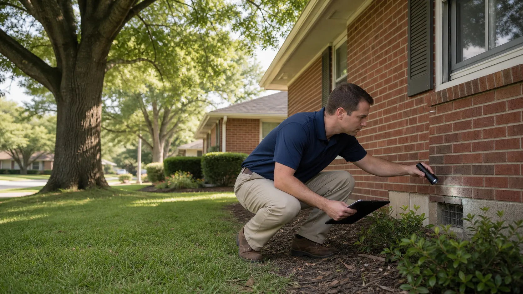 Pest control technician inspecting the foundation of a red brick ranch home in Tulsa, Oklahoma