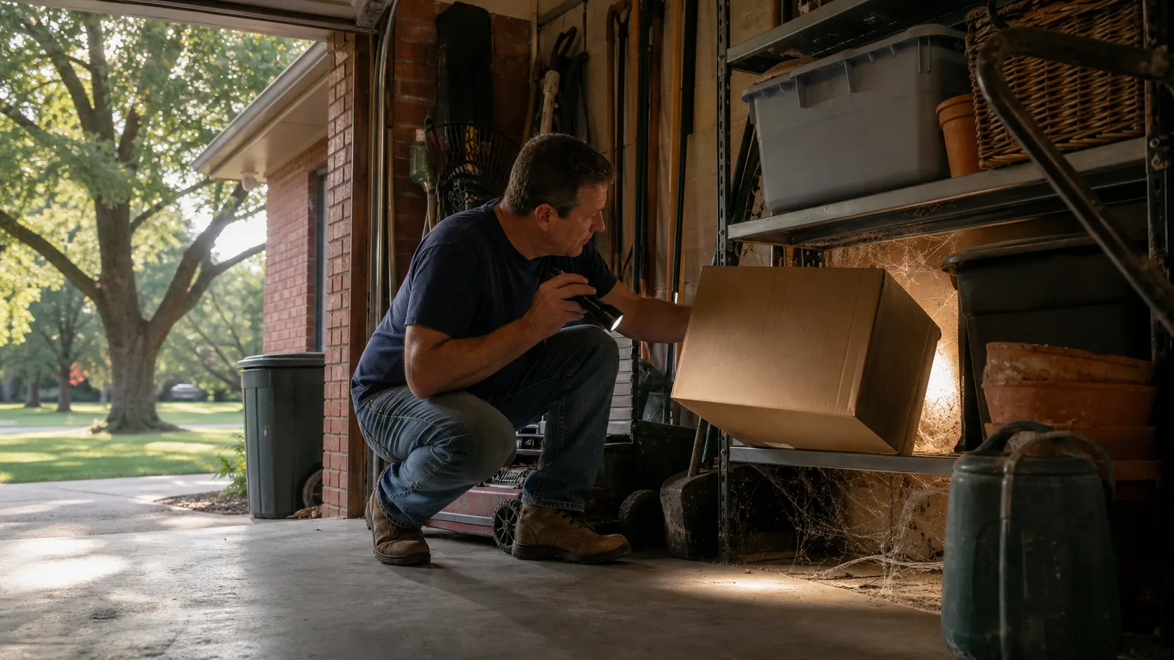 Homeowner searching a cluttered Tulsa garage with a flashlight