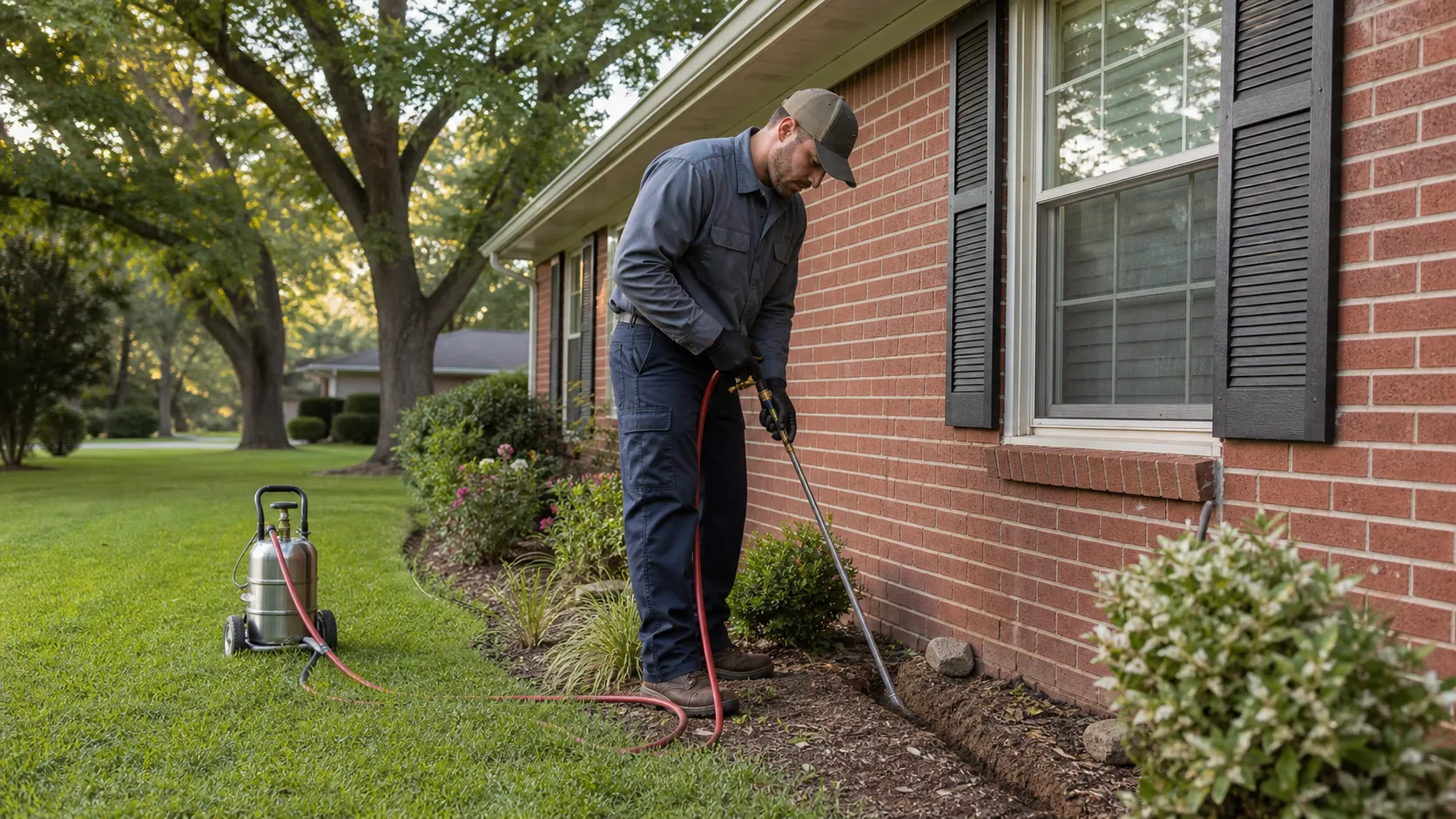 Technician trenching soil along a brick foundation for a liquid termiticide treatment