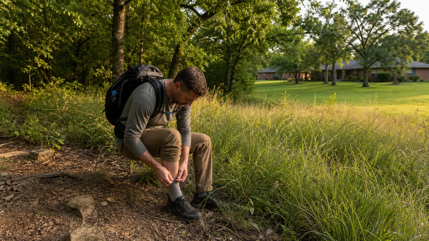 Hiker checking ankles for ticks at the edge of tall grass and brush