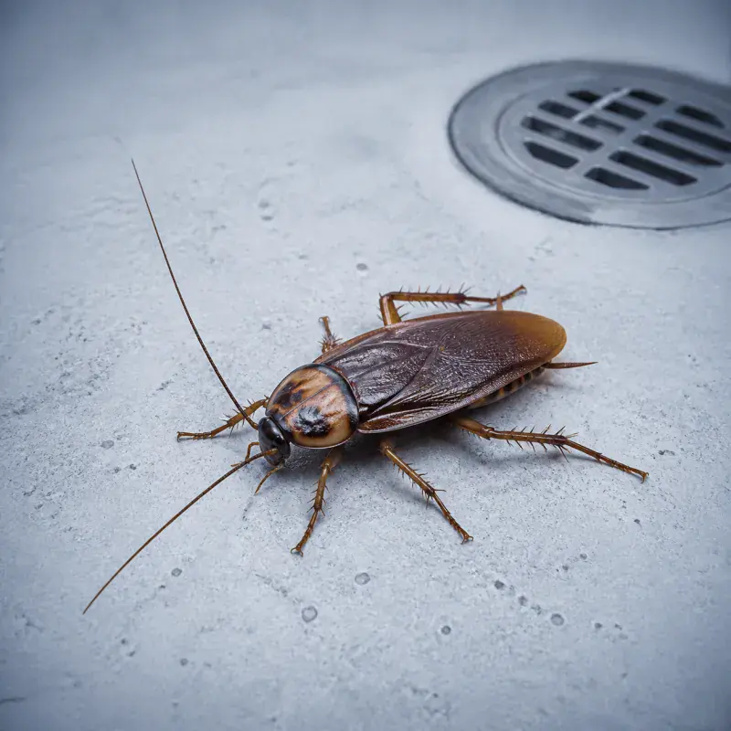 American cockroach near a floor drain